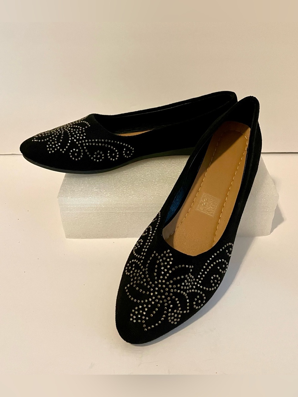 Black Rhinestone Studded Pointed-Toe Women's Flats